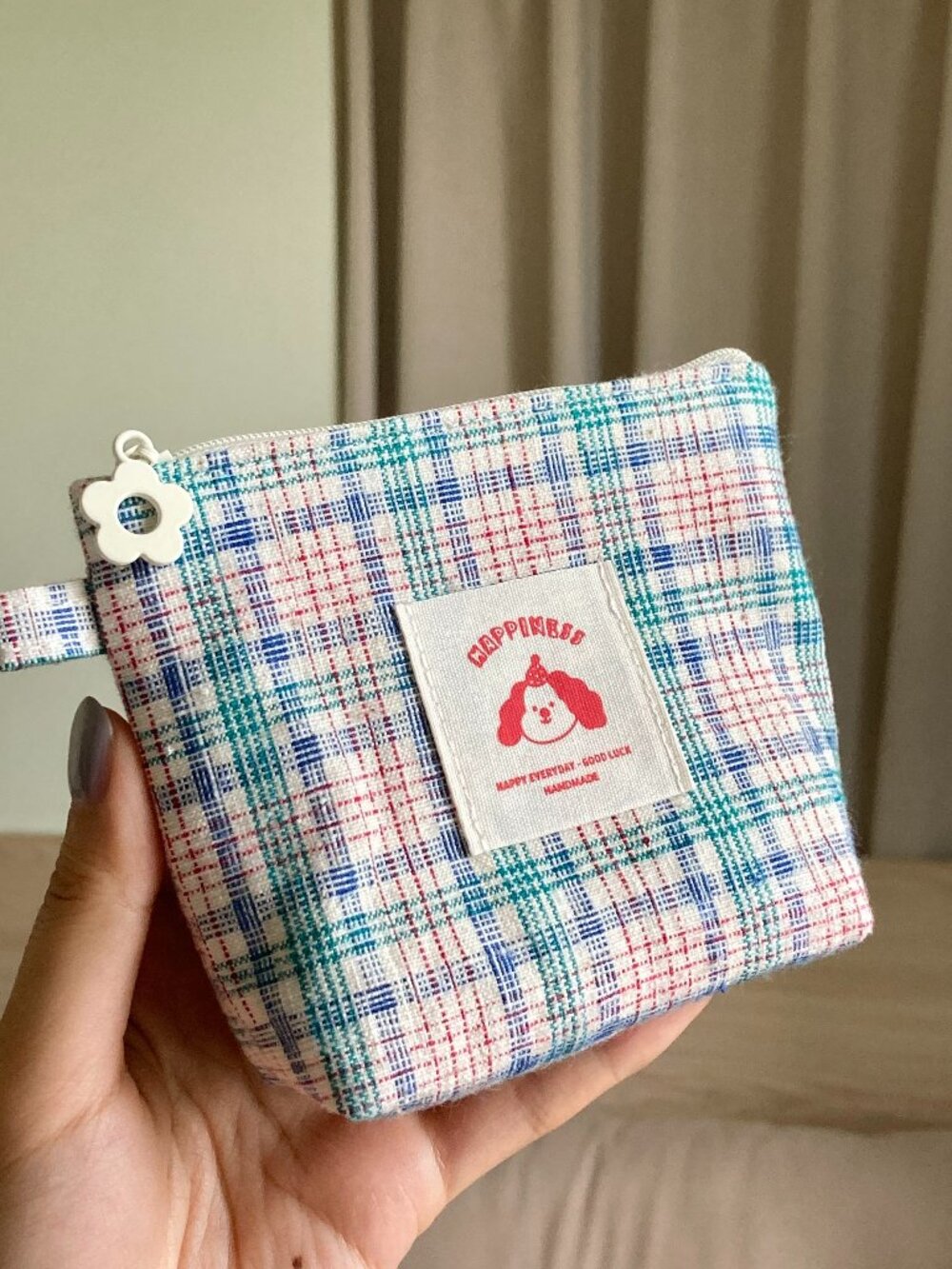 Plaid Mini Cosmetic Pouch with Flower Zipper Pull
